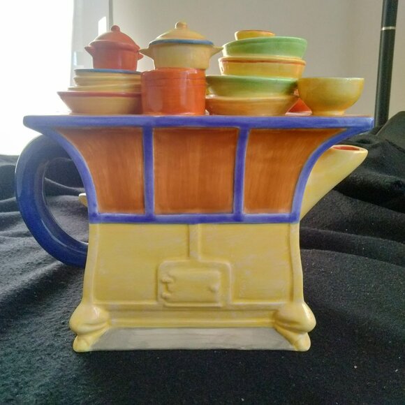 Department 56 Toot & Puddle Ceramic Stovetop Teapot With Colorful Cookware Desig - Picture 5 of 10